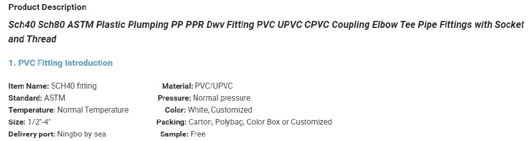 Sch40 Sch80 ASTM Plastic Plumping Fitting PVC UPVC CPVC Coupling Elbow Tee Pipe Fittings with Socket and Thread